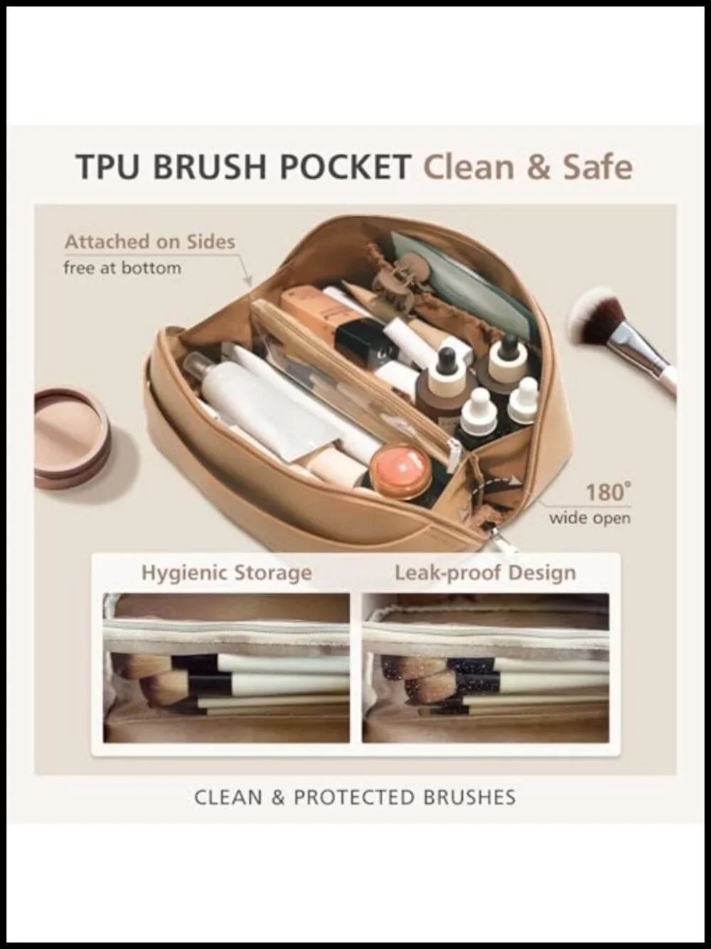 Large Capacity Travel Makeup Bag with Divider and Handle, Waterproof PU Leather